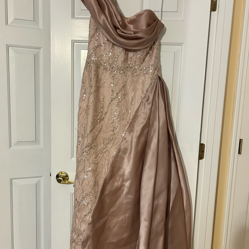 MNM Couture Cream One Shoulder Sleeveless Gown for Prom